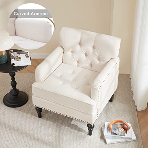 Iroomy Linen Accent Chairs for Living Room, Mid Century Modern Armchair with Thick Cushion and Wood Frame, Comfy Reading Sofa Chair for Bedroom,  Solid Wood FrameBeige