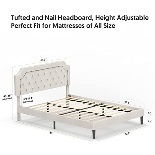 Queen Size Bed Frame Upholstered Low Profile Traditional Platform with Tufted and Nail Headboard/No Box Spring Needed/No Bed Skirt Needed/Linen Fabric Upholstery (Beige Queen Size) 4 drawers