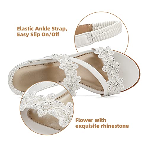 SHIBEVER Wedge Sandals for Women Bohemia Elastic Ankle Strap Sandals Open Toe Beautiful Flower Rhinestone Summer Platform Shoes White