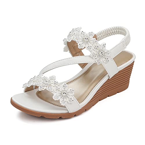 SHIBEVER Wedge Sandals for Women Bohemia Elastic Ankle Strap Sandals Open Toe Beautiful Flower Rhinestone Summer Platform Shoes White