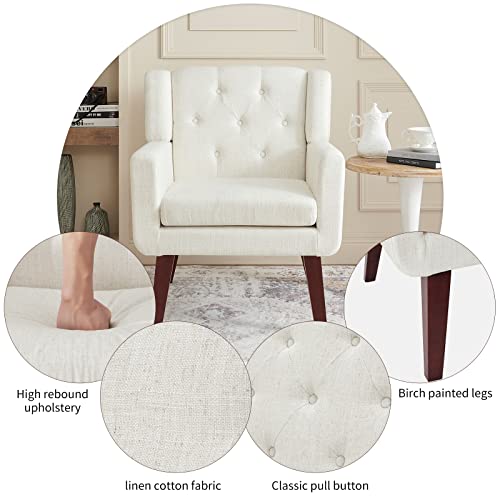 Accent Reading Chair Button-Tufted Upholstered Comfy Mid Century Modern Chair with Linen Fabric Lounge Arm Chairs for Living Room Bedroom, Tapered Birch Wood Legs (Beige)