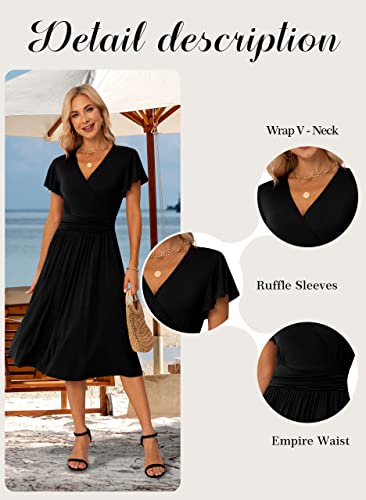 GRECERELLE Fall Autumn Dress for Women, Casual Short Sleeve Black Dresses, Wrap V-Neck Party Dress