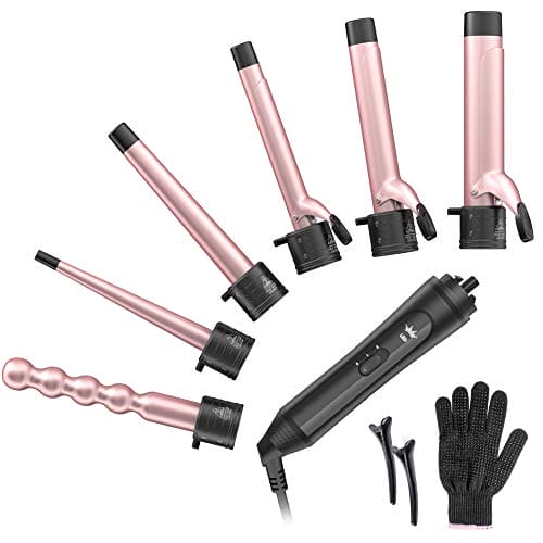 6-IN-1 Curling Iron, Professional Curling Iron Wand Set with 6 Interchangeable Ceramic Barrels (0.35'' to 1.25'') and 2 Temperature Adjustments, Heat Protective Glove & 2 Clips