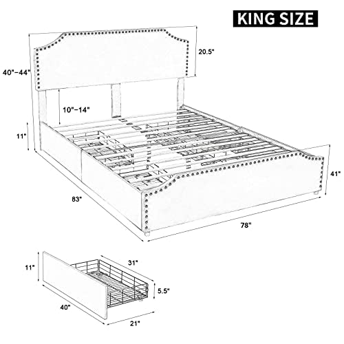 AMERLIFE King Size Bed Frame with 4 Storage Drawers and Headboard, Velvet Upholstered Platform Rivet Curved Adjustable Headboard/Strong Wooden Slats/Easy Assembly/Grey