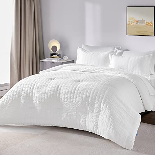 CozyLux Queen Bed in a Bag White Seersucker Comforter Set with Sheets 7-Pieces All Season Bedding Comforter, Pillow Sham, Flat Sheet, Fitted Sheet and Pillowcase Deep Pocket Fitted Sheet