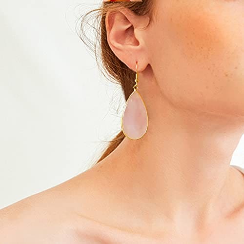 BaubleStar Natural Crystal Healing Birth Stone Statement Drop Earrings Pink Teardrop Quartz Dangle Gold Fashion Jewelry for Women Girls