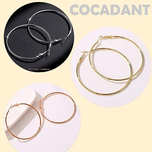 Cocadant 3 Pairs 60mm Big Hoop Earrings for Women Girls,Stainless Steel Earrings 14K Gold Plated Rose Gold Plated Silver Hypoallergenic Hoops set