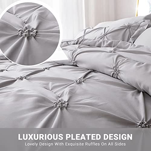 JOLLYVOGUE Queen Comforter Set 7 Pieces, Pintuck Gray Bed in a Bag Comforter Set, Bedding Sets with Comforter, Sheets, Ruffled Shams & Pillowcases 100% Brushed Microfiber