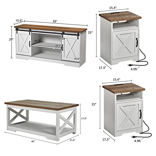 AMERLIFE 4-Piece Farmhouse Table Set Includes Sliding Barn Door TV Stand, Coffee Table & Two End Tables, Side Table with Charging Station and USB Ports, for Living Room, Bedroom, Distressed White, 59‘ Storage and Shelf Space