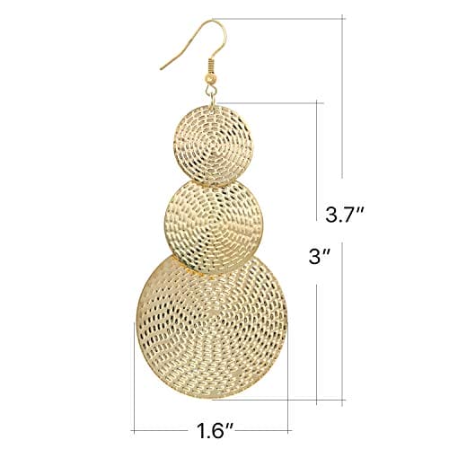 COZLANE 14K Gold Triple Round Disc Brass Earrings Dangle Drop Carved Big Dangling Bohemia Vintage Circular Statement Chandelier Earrings for Women Girls