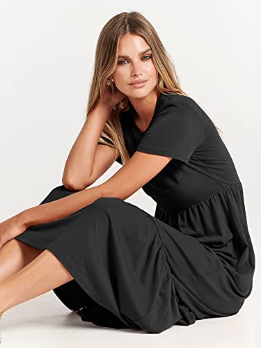 ANRABESS Women's Fall Casual Short Sleeve Crewneck Swing Dress Flowy Tiered Maxi Beach Dress with Pockets 727heise-M Black