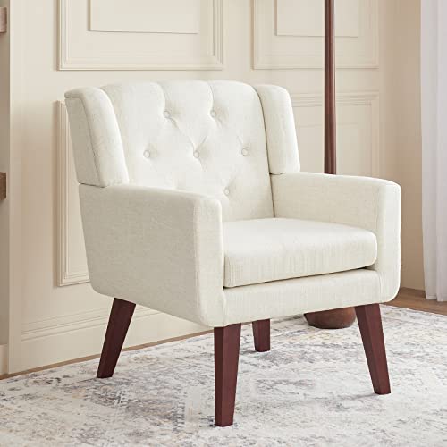 Accent Reading Chair Button-Tufted Upholstered Comfy Mid Century Modern Chair with Linen Fabric Lounge Arm Chairs for Living Room Bedroom, Tapered Birch Wood Legs (Beige)