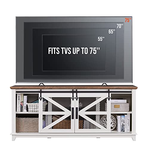 OKD Farmhouse TV Stand for 75 Inch TV, Industrial & Farmhouse Media Entertainment Center w/Sliding Barn Door, Rustic Console Cabinet w/Adjustable Shelves, Antique White