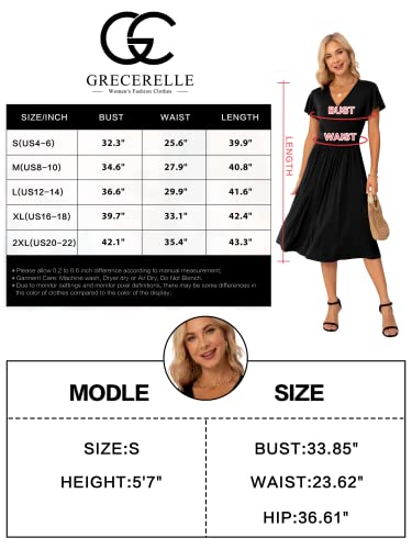 GRECERELLE Fall Autumn Dress for Women, Casual Short Sleeve Black Dresses, Wrap V-Neck Party Dress