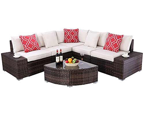 Do4U 6 Pieces Patio Furniture Set Lawn Backyard Poolside PE Wicker Rattan Steel Frame Sectional Set