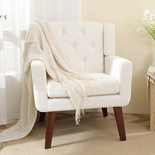 Accent Reading Chair Button-Tufted Upholstered Comfy Mid Century Modern Chair with Linen Fabric Lounge Arm Chairs for Living Room Bedroom, Tapered Birch Wood Legs (Beige)