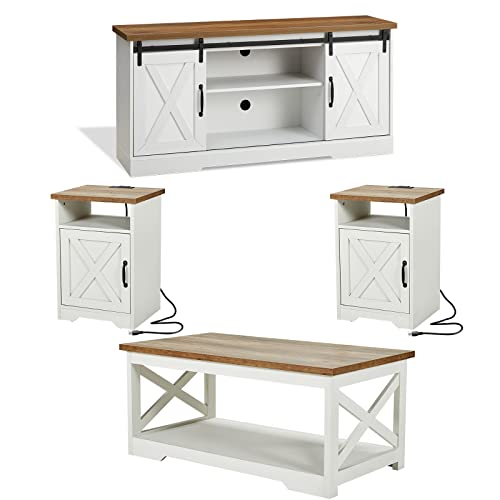 AMERLIFE 4-Piece Farmhouse Table Set Includes Sliding Barn Door TV Stand, Coffee Table & Two End Tables, Side Table with Charging Station and USB Ports, for Living Room, Bedroom, Distressed White, 59‘ Storage and Shelf Space