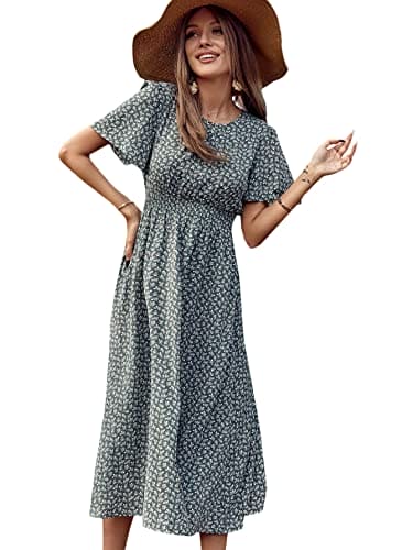 Floerns Women's Short Sleeve Boho Floral Dress A Line Smocked Midi Dress