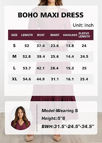 MASCOMODA Women Boho Maxi Dress 2023 Long Sleeve V Neck Swiss Dot Smocked High Waisted Button, Anti-Wrinkle Ruffle Tiered Fall Dress