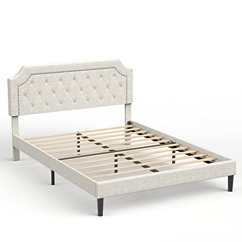 Queen Size Bed Frame Upholstered Low Profile Traditional Platform with Tufted and Nail Headboard/No Box Spring Needed/No Bed Skirt Needed/Linen Fabric Upholstery (Beige Queen Size) 4 drawers