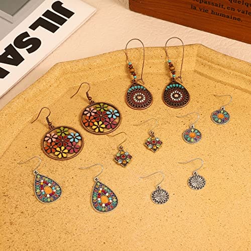 Bohemian Vintage Zinc Dangle Earrings Boho Retro Hollow Metal Dangle Drop Earrings for Women Girls (6pairs)