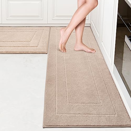 PURRUGS Machine Washable Kitchen Rug Set of 2, Non-Slip/Skid Runner Rugs & Floor Mats, Super Absorbent Soft Standing Mats, Sink & Laundry, Beige