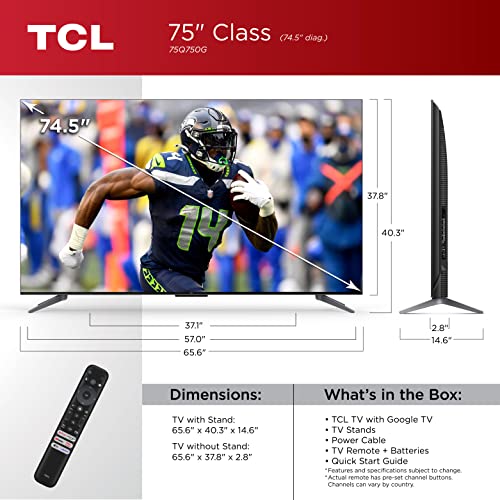 TCL 75-Inch Q7 QLED 4K Smart TV with Google TV (75Q750G, 2023 Model) Dolby Vision, Atmos, HDR Ultra, 120Hz, Game Accelerator up to 240Hz, UHD Television