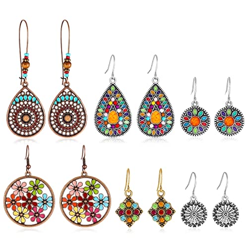 Bohemian Vintage Zinc Dangle Earrings Boho Retro Hollow Metal Dangle Drop Earrings for Women Girls (6pairs)