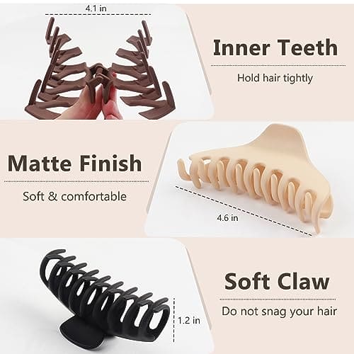 Beauty.H.C Large Hair Claw Clips for Women, Big Matte Claw Clips Variety Pack, Trendy Aesthetic Accessories for Women & Girls -Nonslip Neutral Claw Clips (6 pack)