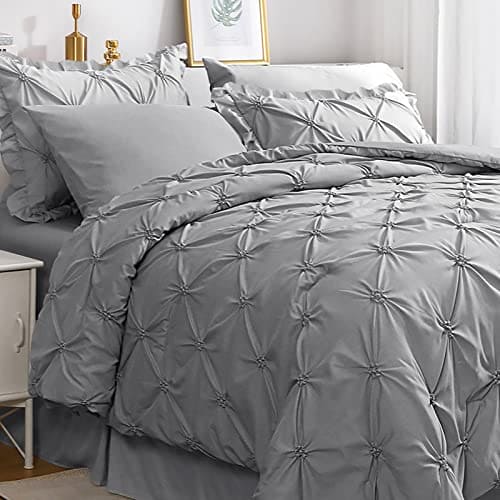 JOLLYVOGUE Queen Comforter Set 7 Pieces, Pintuck Gray Bed in a Bag Comforter Set, Bedding Sets with Comforter, Sheets, Ruffled Shams & Pillowcases 100% Brushed Microfiber