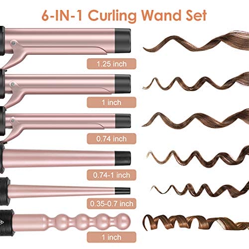 6-IN-1 Curling Iron, Professional Curling Iron Wand Set with 6 Interchangeable Ceramic Barrels (0.35'' to 1.25'') and 2 Temperature Adjustments, Heat Protective Glove & 2 Clips