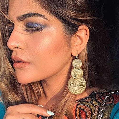 COZLANE 14K Gold Triple Round Disc Brass Earrings Dangle Drop Carved Big Dangling Bohemia Vintage Circular Statement Chandelier Earrings for Women Girls