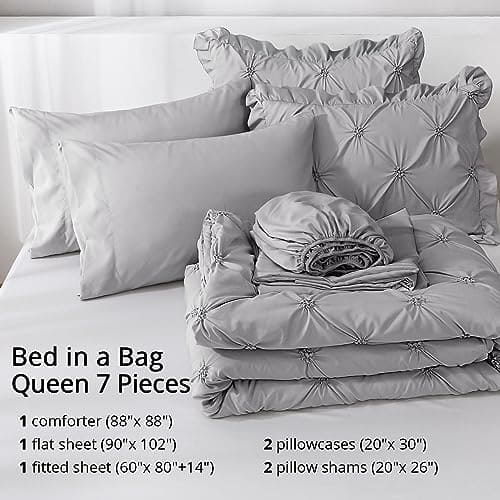 JOLLYVOGUE Queen Comforter Set 7 Pieces, Pintuck Gray Bed in a Bag Comforter Set, Bedding Sets with Comforter, Sheets, Ruffled Shams & Pillowcases 100% Brushed Microfiber