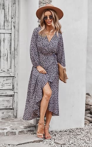 PRETTYGARDEN Women's Long Sleeve Vintage Flowy Dress Floral Print V-Neck Dresses