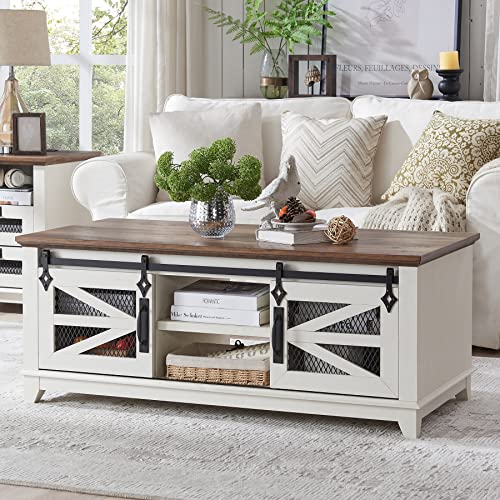 OKD 48'' Coffee Table with Storage & Sliding Barn Doors, Farmhouse & Industrial Cocktail Table w/Adjustable Shelves, Modern Rectangular Rustic Living Room Table Antique White