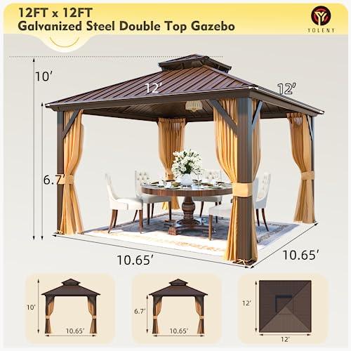 YOLENY 12' x 12' Gazebo, Hardtop Gazebo with Aluminum Frame, Double Galvanized Steel Roof, Curtains and Netting Included, for Patios, Garden, Lawns, Parties