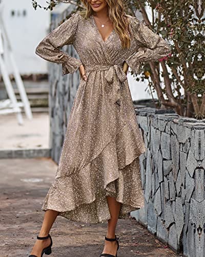 BTFBM Women Long Sleeve Wrap Maxi Dress V Neck Boho Floral High Waist Breathable Soft Flowing Ruffle 2023 Fall Dress