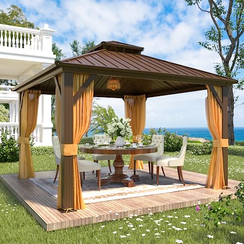 YOLENY 12' x 12' Gazebo, Hardtop Gazebo with Aluminum Frame, Double Galvanized Steel Roof, Curtains and Netting Included, for Patios, Garden, Lawns, Parties