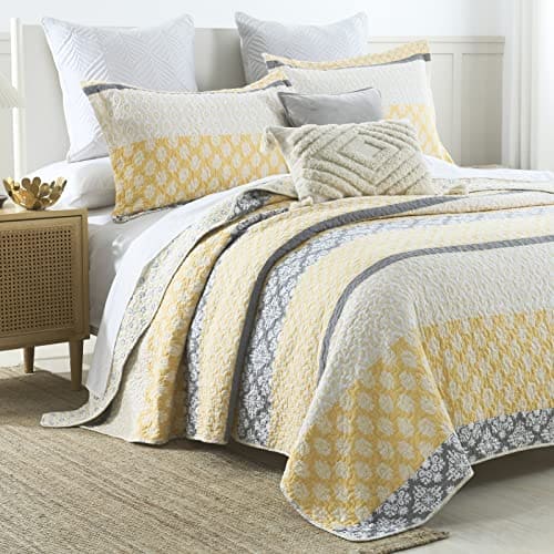 SahSahCasa Quilt Queen Size, 100% Cotton Floral Quilt, Bedding Set Bedspreads, Patchwork Reversible Lightweight Comforter Bed Spread for All Season, Yellow/Gray, Nice Tight Stitch3 Pieces