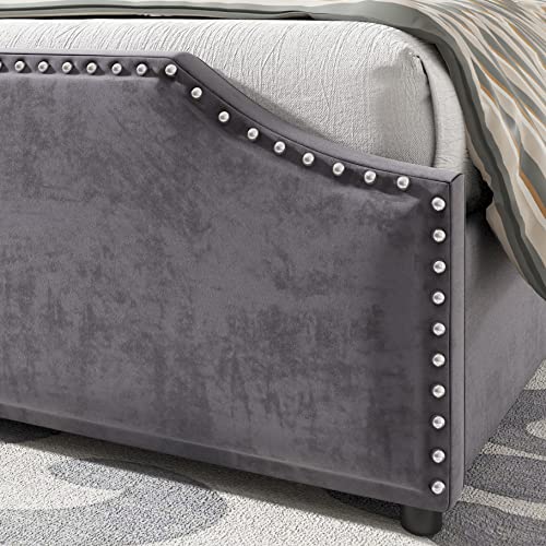 AMERLIFE King Size Bed Frame with 4 Storage Drawers and Headboard, Velvet Upholstered Platform Rivet Curved Adjustable Headboard/Strong Wooden Slats/Easy Assembly/Grey