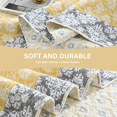 SahSahCasa Quilt Queen Size, 100% Cotton Floral Quilt, Bedding Set Bedspreads, Patchwork Reversible Lightweight Comforter Bed Spread for All Season, Yellow/Gray, Nice Tight Stitch3 Pieces