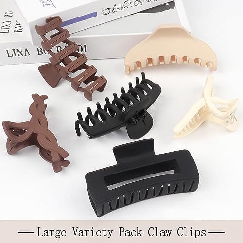 Beauty.H.C Large Hair Claw Clips for Women, Big Matte Claw Clips Variety Pack, Trendy Aesthetic Accessories for Women & Girls -Nonslip Neutral Claw Clips (6 pack)