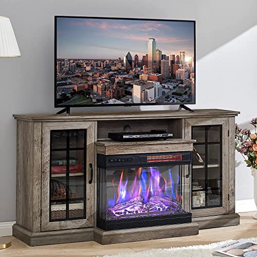 AMERLIFE 59'' Fireplace TV Stand, 3-Sided Glass Fireplace Rustic Media Entertainment Center Console Table for TVs up to 65'' with Glass Door Closed Storage, Coffee Table, 2 Rear Hidden CabinetWash Gray