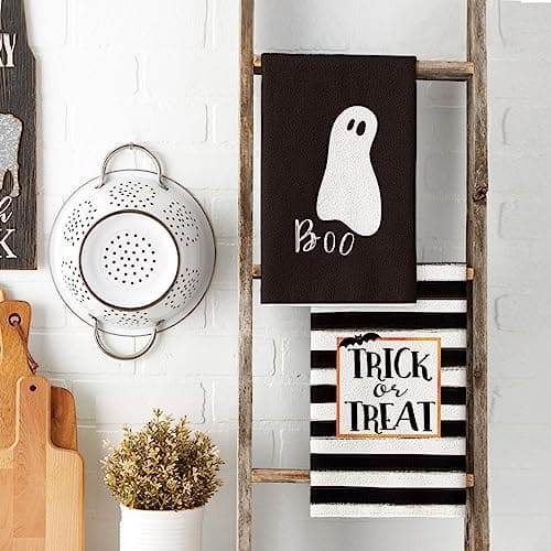 Artoid Mode Stripes Trick or Treat Ghost Halloween Kitchen Towels Dish Towels, 18 x 26 Inch Boo Holiday Drying Cloth Hand Towels for Cooking Baking Set of 2