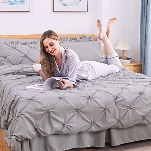 JOLLYVOGUE Queen Comforter Set 7 Pieces, Pintuck Gray Bed in a Bag Comforter Set, Bedding Sets with Comforter, Sheets, Ruffled Shams & Pillowcases 100% Brushed Microfiber