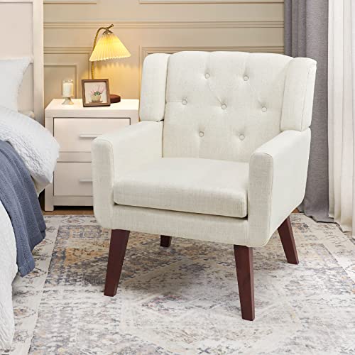 Accent Reading Chair Button-Tufted Upholstered Comfy Mid Century Modern Chair with Linen Fabric Lounge Arm Chairs for Living Room Bedroom, Tapered Birch Wood Legs (Beige)