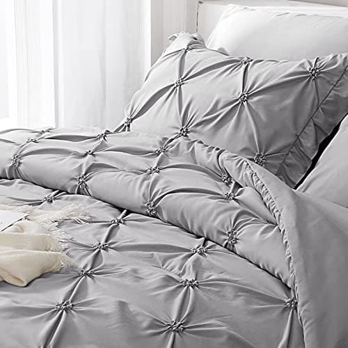 JOLLYVOGUE Queen Comforter Set 7 Pieces, Pintuck Gray Bed in a Bag Comforter Set, Bedding Sets with Comforter, Sheets, Ruffled Shams & Pillowcases 100% Brushed Microfiber