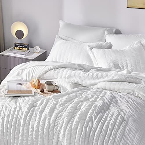 CozyLux Queen Bed in a Bag White Seersucker Comforter Set with Sheets 7-Pieces All Season Bedding Comforter, Pillow Sham, Flat Sheet, Fitted Sheet and Pillowcase Deep Pocket Fitted Sheet