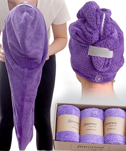 Leporem Oversized (30 inch X 11 inch) Pack of 3 Microfiber Towel for Hair - Super Fast Dry & Absorbent Hair Towel for Hair, Hair Caps for Women, Men, Kids (Hydrangea Rich Purple)