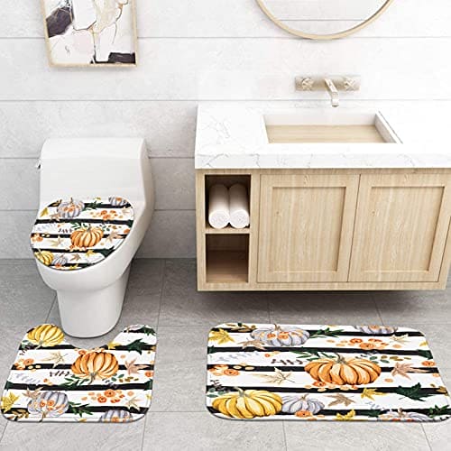 ArtSocket 4 Pcs Shower Curtain Set Fall Stripe Pumpkin Autumn Red Maple Leaves with Non-Slip Rug  Bathroom Toilet Seat Cover and Bath Mat Decor Set 72" x 72"